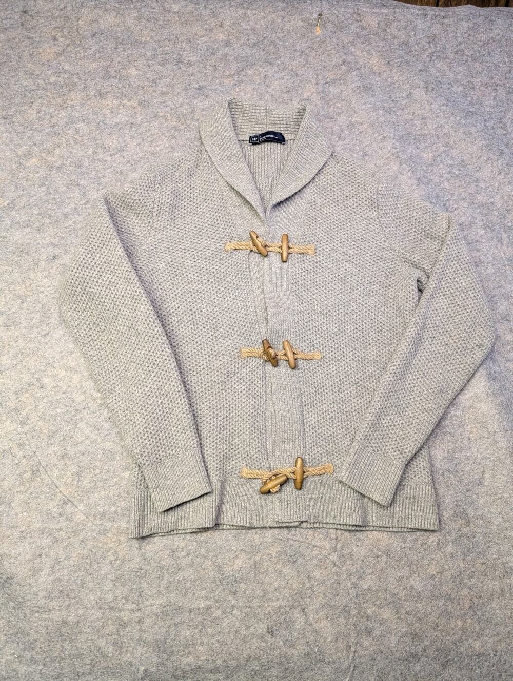 Gap Mens Gray Sweater Toggle Cardigan Large Lambs Wool Blend Classic Timeless